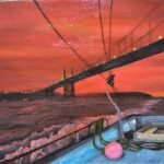 A painting from the perspective of a boat, with the corner of the stern visible as red orange hues coat the ocean and hazy Golden Gate bridge and lights on the bay in the distance.