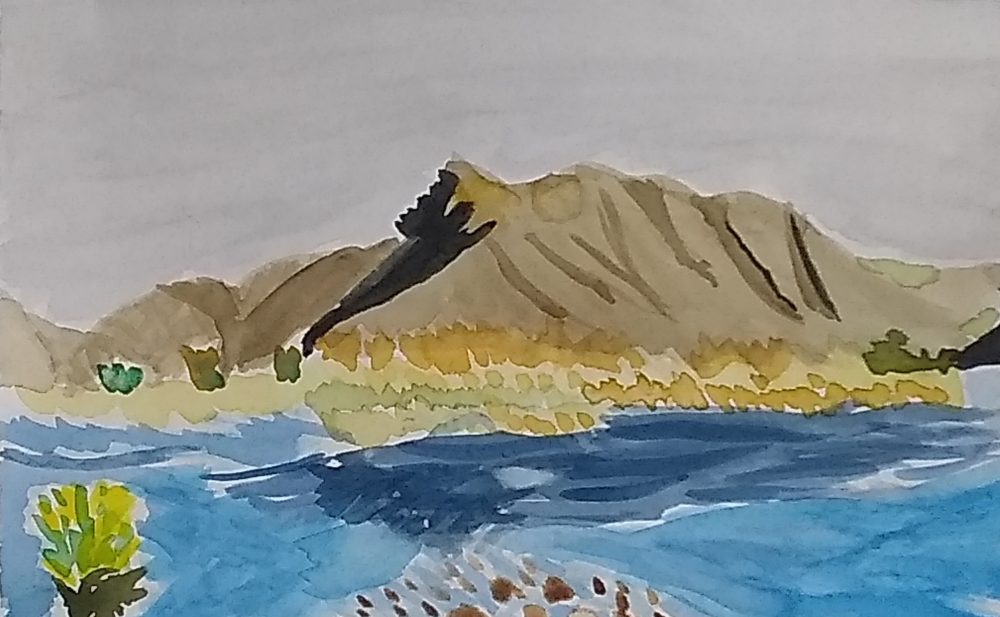 A landscape of Oregon’s magical John Day River country, including the river, desert vegetation and surrounding canyon.