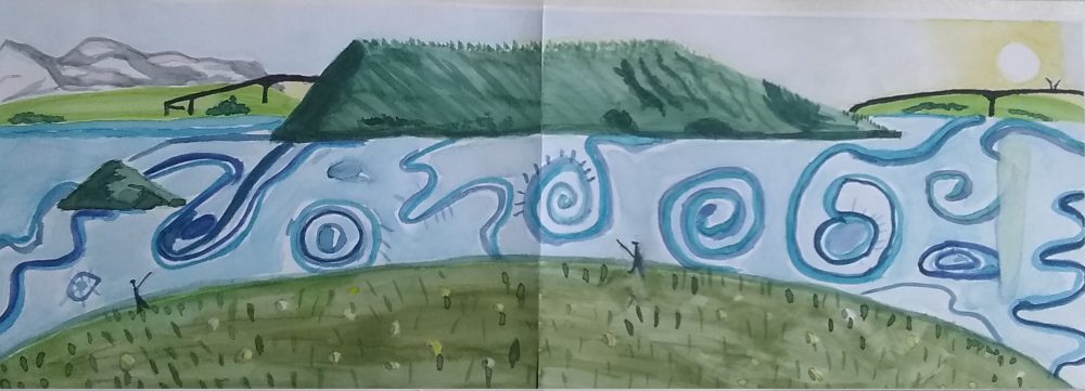 An interpretation of a Helen Frankenthaler painting using ink wash to explore value and shape.