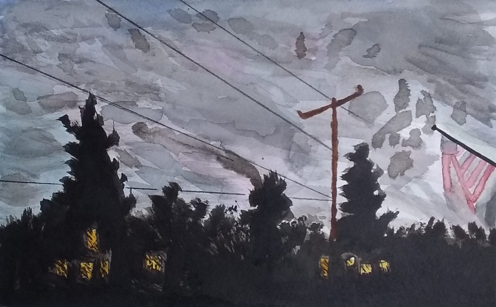 Watercolor of a night sky with clouds, telephone wires, trees and a flag.