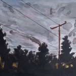 Watercolor of a night sky with clouds, telephone wires, trees and a flag.