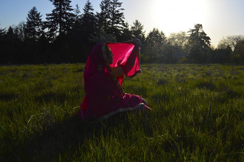 Human in grassy field holding large red fabric up to the sun.