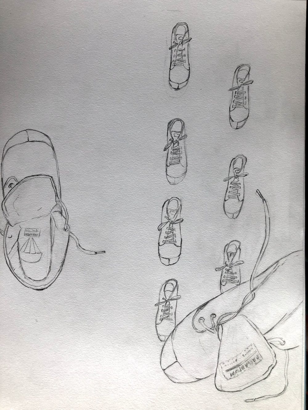 6 shoes in marching order, 2 larger shoes in playful poses.