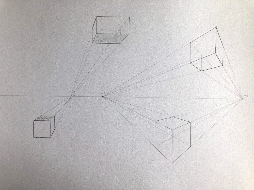 Four cubes with perspective lines.