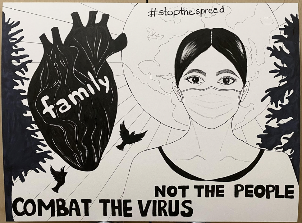 An ink drawing in black and white of the face of a woman to represent a mother, a wife, a sister, a grandma who is wearing mask to keep herself from the spread so as not to put her family on risk, in the foreground beside a real heart shape, the Earth, trees, and pigeons in the background.