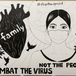 An ink drawing in black and white of the face of a woman to represent a mother, a wife, a sister, a grandma who is wearing mask to keep herself from the spread so as not to put her family on risk, in the foreground beside a real heart shape, the Earth, trees, and pigeons in the background.