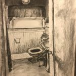 A rough drawing, in shades ranging from blank to white, looking crookedly into an empty bathroom, with the open door, sink, and toilet on the right leading up to a lighted window.