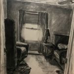 A crooked rendering in shades from black to white of a view into an empty bedroom, the an part of an empty arm chair sits next to the window illuminating the room, while the bed sits on the other side in shadow.
