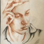 A drawing in orange/red of a stoic face with closed eyes, a hand supporting the temple of the head.