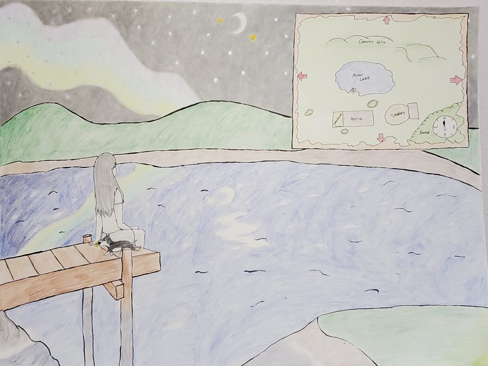 A colored drawing of a character in a peacful getaway landscape with a map overlay imitating a video game screen.