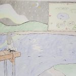 A colored drawing of a character in a peacful getaway landscape with a map overlay imitating a video game screen.