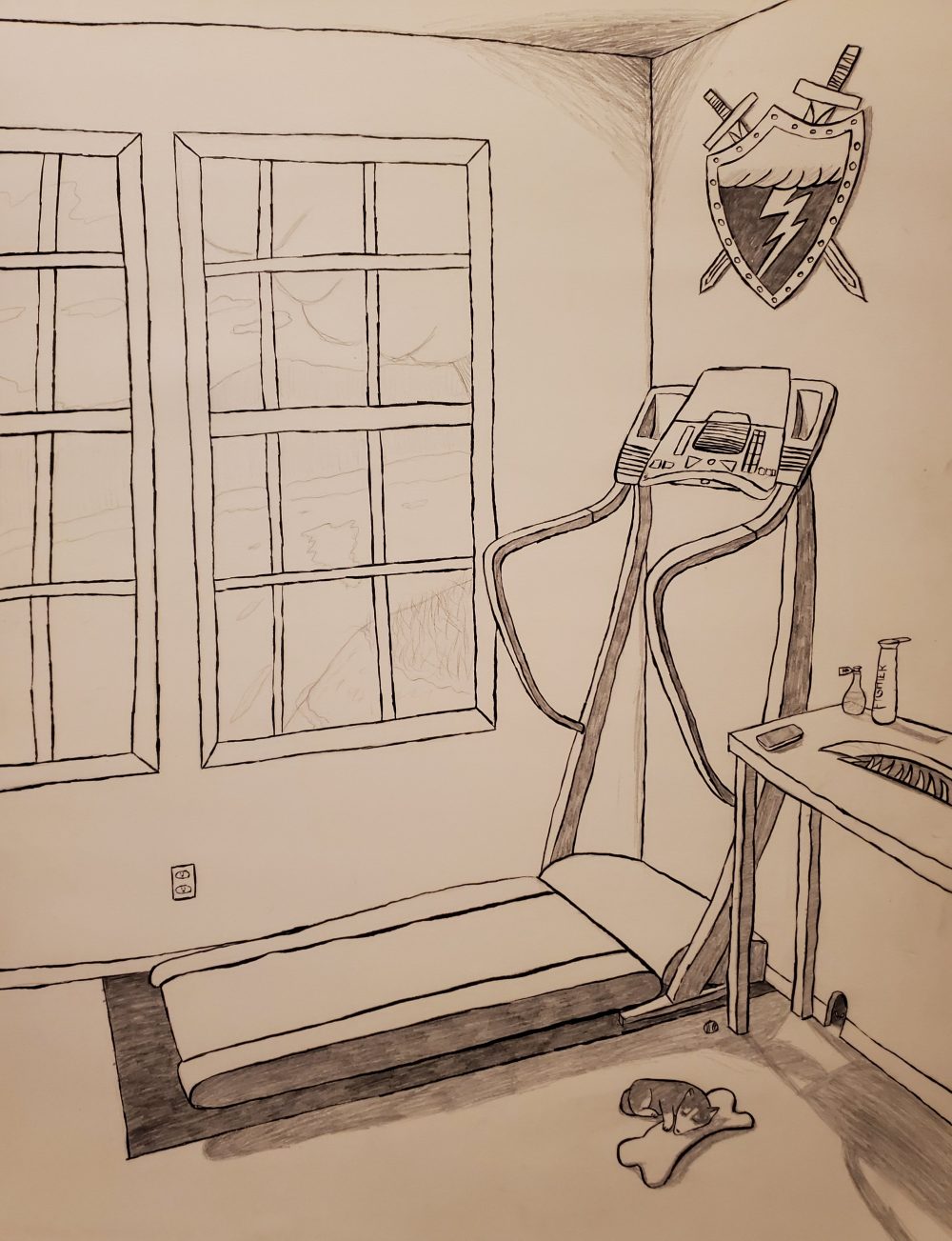 A black and white drawing showing a room with a treadmill and fantasy objects with a fantasy landscape outside the window.
