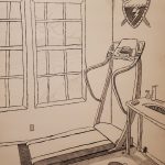 A black and white drawing showing a room with a treadmill and fantasy objects with a fantasy landscape outside the window.