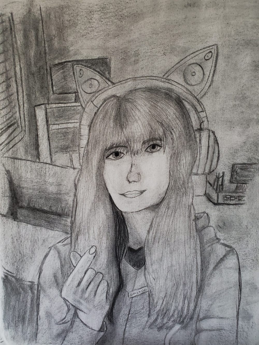 A black and white picture of a girl wearing cat ear headphones and giving a finger heart.
