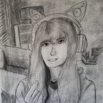 A black and white picture of a girl wearing cat ear headphones and giving a finger heart.
