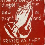 The image is solid red. In the negative space it reads "She had some horses who tried to SAVE her, who climbed in her bed at night and". Between the words there is an image of prayer hands. The bottom text reads, "PRAYED AS THEY RAPED HER".