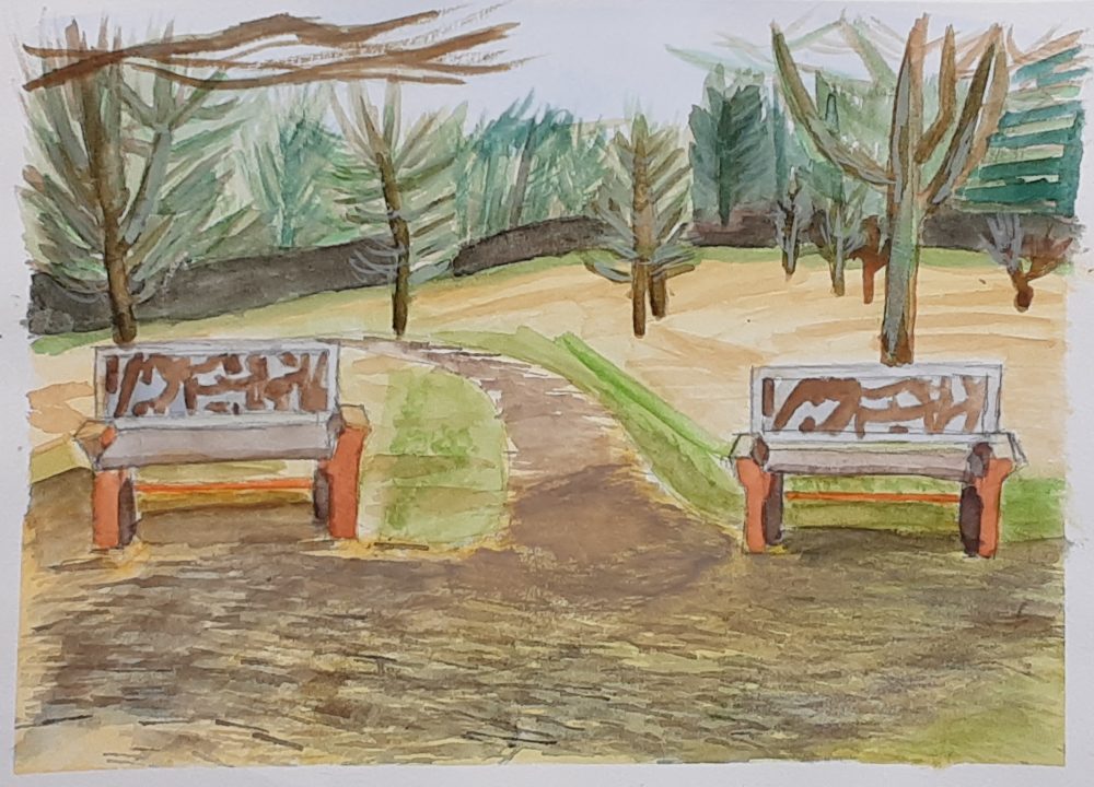 A watercolor painting depicting a gravel path with two benches to the left and right. The path extends between the benches and curves to the left. Trees covered in moss can be seen in the middle-ground, while the background contains dense woods. Patches of green grass can be seen to the side of the path.
