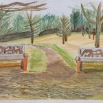 A watercolor painting depicting a gravel path with two benches to the left and right. The path extends between the benches and curves to the left. Trees covered in moss can be seen in the middle-ground, while the background contains dense woods. Patches of green grass can be seen to the side of the path.