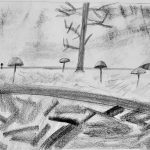 A graphite drawing depicting a ground laid with bark. Mushrooms are sprouting from the ground, and a couple of trees can be seen in the distance. The mushrooms appear larger than normal.