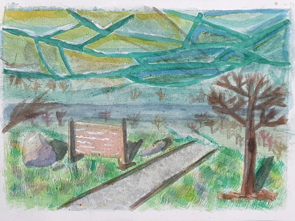 A watercolor painting depicting an underwater trail. The foreground contains a couple of rocks tinted in yellow, red, and blue colors, a signpost, and a tree. The background contains several blurred trees. A gravel path winds from the foreground to the background, and continuing down the path quickly leads to a foggy background. Small debris surrounds the scene. Near the top of the painting, refracted color and wave lines can be seen.