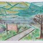 A watercolor painting depicting an underwater trail. The foreground contains a couple of rocks tinted in yellow, red, and blue colors, a signpost, and a tree. The background contains several blurred trees. A gravel path winds from the foreground to the background, and continuing down the path quickly leads to a foggy background. Small debris surrounds the scene. Near the top of the painting, refracted color and wave lines can be seen.