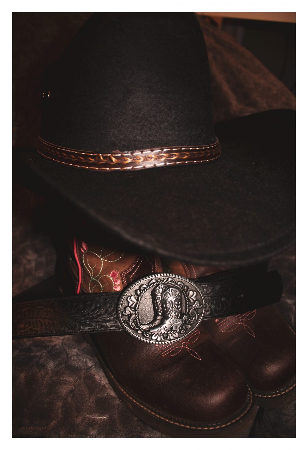 The image is of my hat, boots and belt which are all brown and black.
