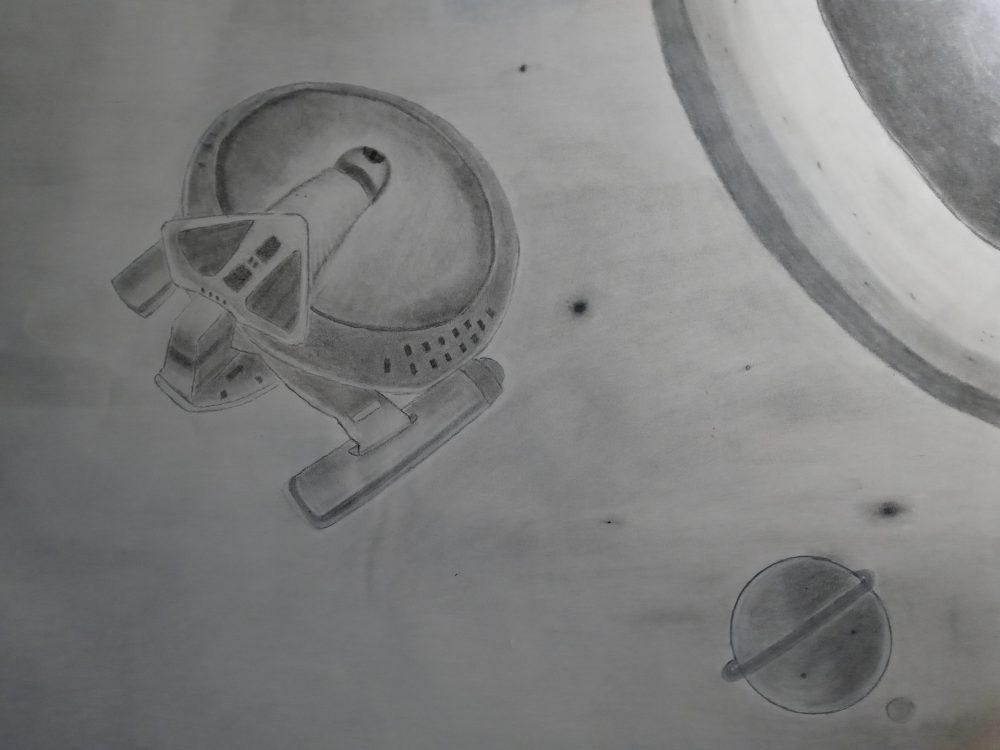 Drawing of a shipt that looks like the Starship Enterprise flying towards a planet.