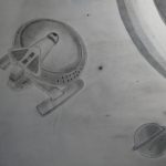 Drawing of a shipt that looks like the Starship Enterprise flying towards a planet.