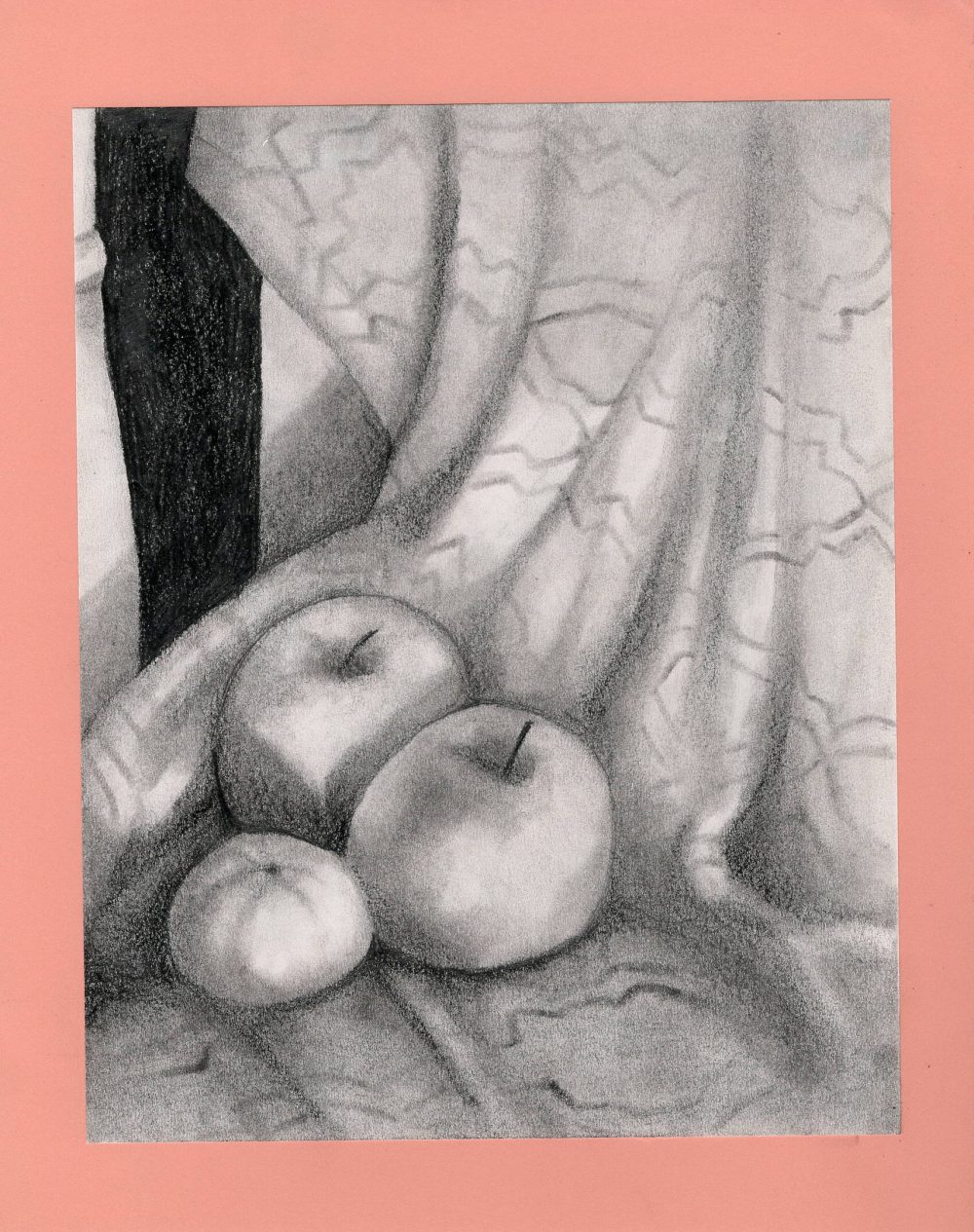 A graphite drawing of some fruit sitting on a blanket that's over a chair.