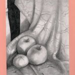 A graphite drawing of some fruit sitting on a blanket that's over a chair.