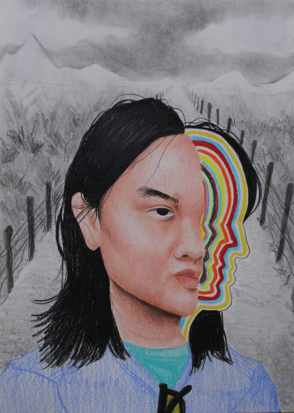 A colored pencil self portrait drawing of a girl's head being split open like a jawbreaker; there is a highway behind her.