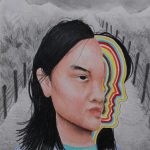 A colored pencil self portrait drawing of a girl's head being split open like a jawbreaker; there is a highway behind her.