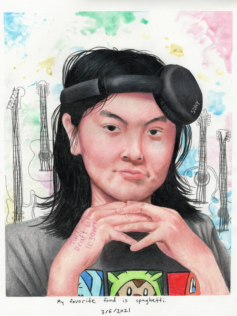 A self portrait drawn in colored pencil, of a girl wearing her headphones lopsided while also having her hands under her chin.