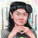 A self portrait drawn in colored pencil, of a girl wearing her headphones lopsided while also having her hands under her chin.
