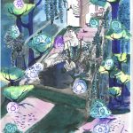 Slightly florescent avocados everywhere, and there's a lady dressed in a victorian style dress in the middle of all those avocados.