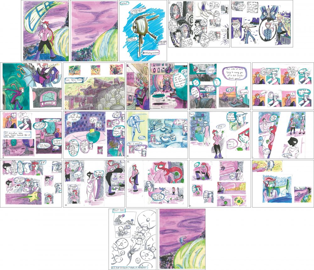 A comic strip, that has been colored using mostly shades of pink, purple, and blue; the main characters is a fiery red-haired alien, elf, Cyborg, who's only desire is to travel amongst the stars to see the universe. This first volume is about the main character Zeb and her escape from her home planet Laxia.
