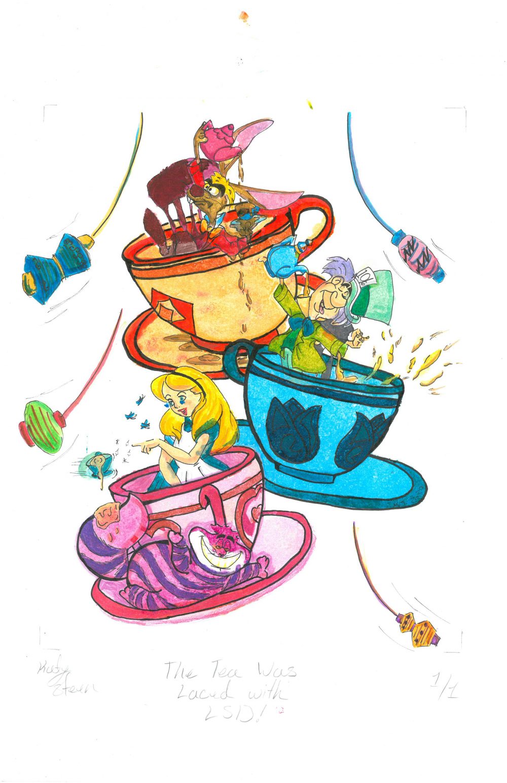 Alice in wonderlands Mad Tea Party, the march hair is pouring tea between his big floppy ears and its overflowing out of his tiny teacup, onto the saucer of the much larger orange teacup that he's sitting " while the Mad Hatter is sticking his tong out in a tongue and cheek kind of way, while poring his tea down the neck of his green jacket, out his right sleeve and into the giant blue teacup he's sitting in and it's splashing up over the sides of the tea cups. while Alice is looking teary eyed and she's tormenting the Cheshire Cat by dumbing her magically levitating tea all over his pink and purple striped tail.