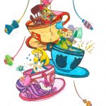 Alice in wonderlands Mad Tea Party, the march hair is pouring tea between his big floppy ears and its overflowing out of his tiny teacup, onto the saucer of the much larger orange teacup that he's sitting " while the Mad Hatter is sticking his tong out in a tongue and cheek kind of way, while poring his tea down the neck of his green jacket, out his right sleeve and into the giant blue teacup he's sitting in and it's splashing up over the sides of the tea cups. while Alice is looking teary eyed and she's tormenting the Cheshire Cat by dumbing her magically levitating tea all over his pink and purple striped tail.