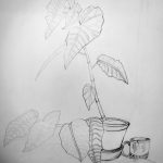 Soft lines depict a strong and tall standing angle wing begonia plant sitting cozy inside a tiny pot. Besides her is a desert western style Las Vegas tea cup keeping her company.