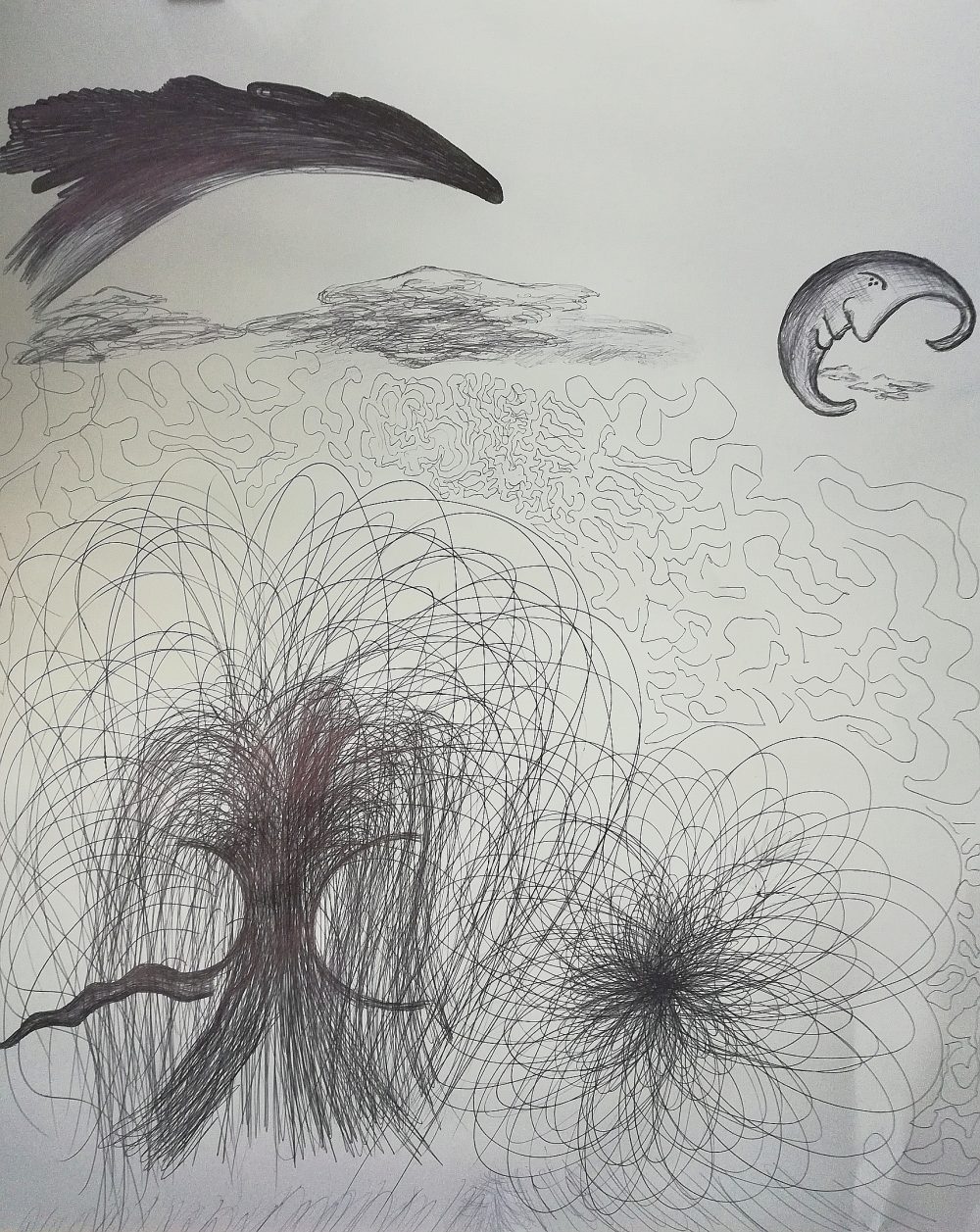 A drawing in black and white of a clear moon character alongside many indistinguishable abstact images that fade into each other woven together by pen scribbling maze entities.