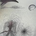 A drawing in black and white of a clear moon character alongside many indistinguishable abstact images that fade into each other woven together by pen scribbling maze entities.