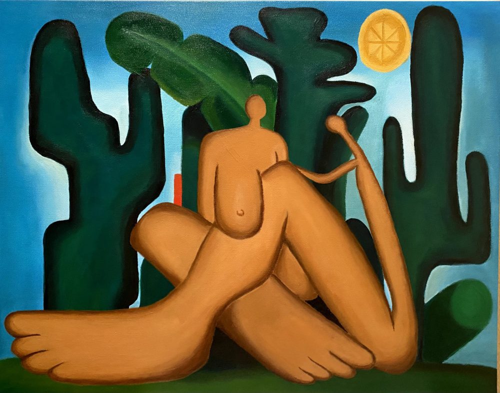 The background is a vibrant blue that fades into a light blue in the middle. Giant cacti and other plants are abstractly painted in dark greens in the middle ground. Two abstracted tan women, one facing front with emphasized breast, left shoulder, and foot, while another sits in profile with emphasis on the feet and thigh.