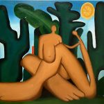 The background is a vibrant blue that fades into a light blue in the middle. Giant cacti and other plants are abstractly painted in dark greens in the middle ground. Two abstracted tan women, one facing front with emphasized breast, left shoulder, and foot, while another sits in profile with emphasis on the feet and thigh.