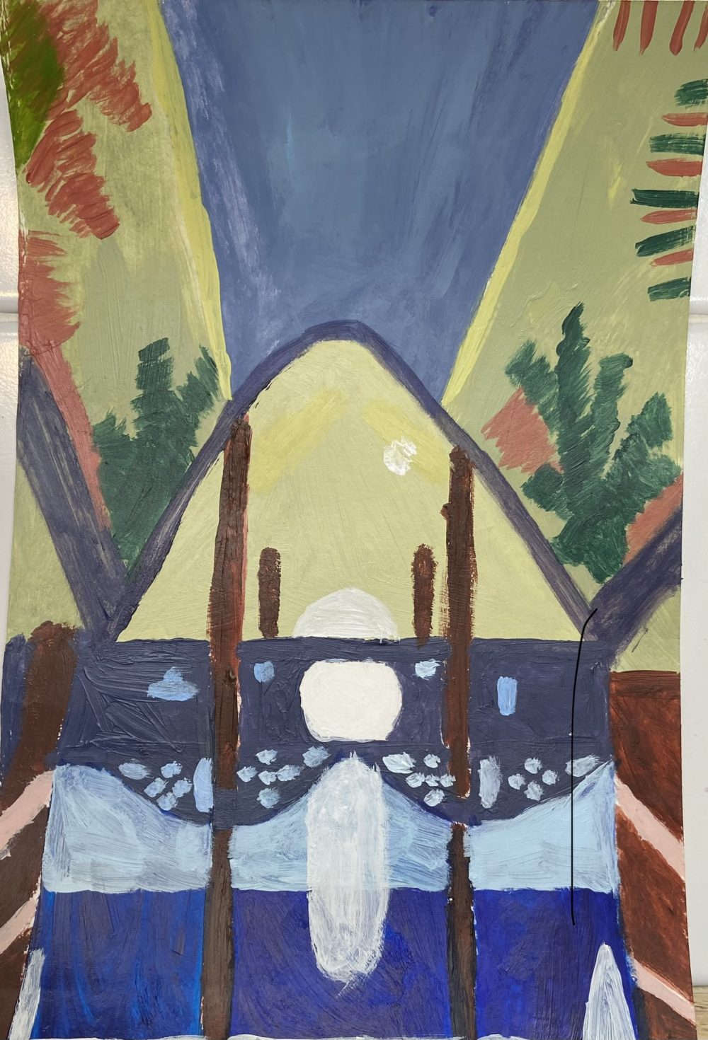 The inside of a Hawaiian church painted in blues and chartreuse and reddish brown colors.