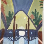 The inside of a Hawaiian church painted in blues and chartreuse and reddish brown colors.