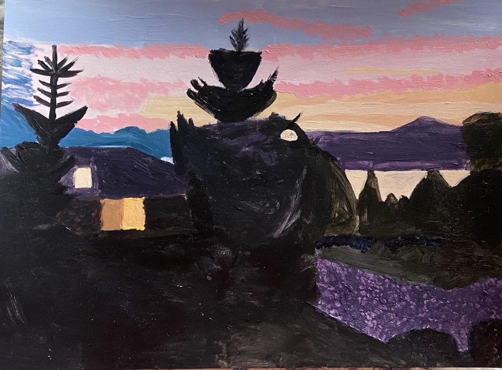 Landscape of dark trees and houses in foreground around dusk with a view of the pink and light blue sky and Willamette River.