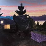 Landscape of dark trees and houses in foreground around dusk with a view of the pink and light blue sky and Willamette River.