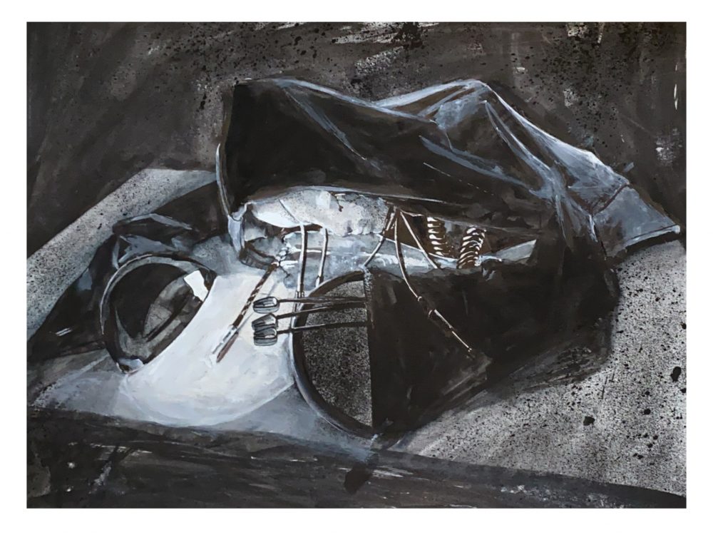 A black and white painting of a hooded figure slumped over a table. It has a white, statuesque face illuminated by its lamp-like right hand. Cables spill out from beneath its cloak.