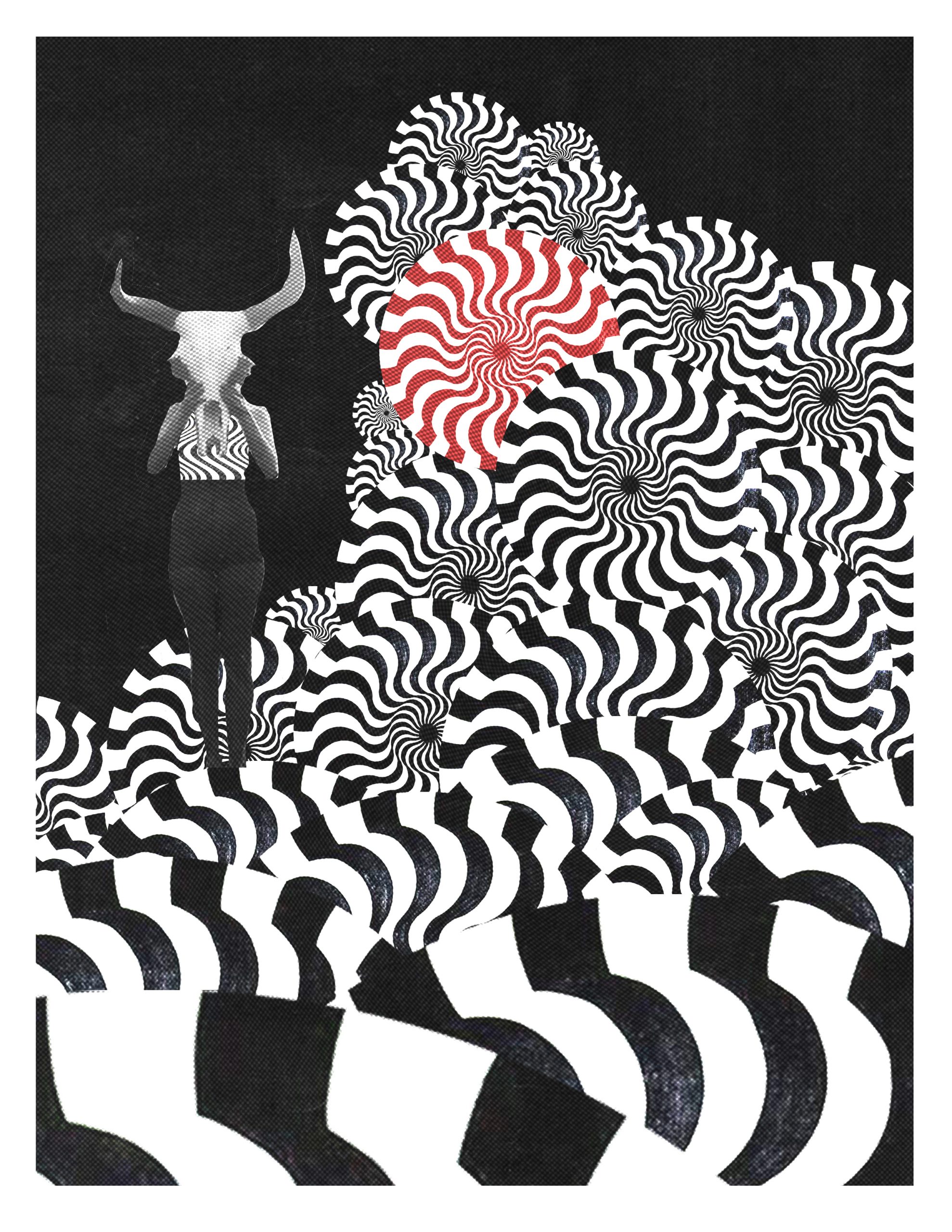 A female figure masking her face with a bull's skull, while standing in an abstract field of billowing pinwheels, all in black and white, save for one pinwheel.