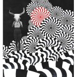 A female figure masking her face with a bull's skull, while standing in an abstract field of billowing pinwheels, all in black and white, save for one pinwheel.
